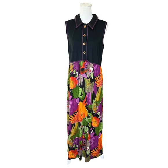 Carole Little Dresses & Skirts - Carole Little Sleeveless Maxi Dress Black Floral Tropical Button Front USA 10